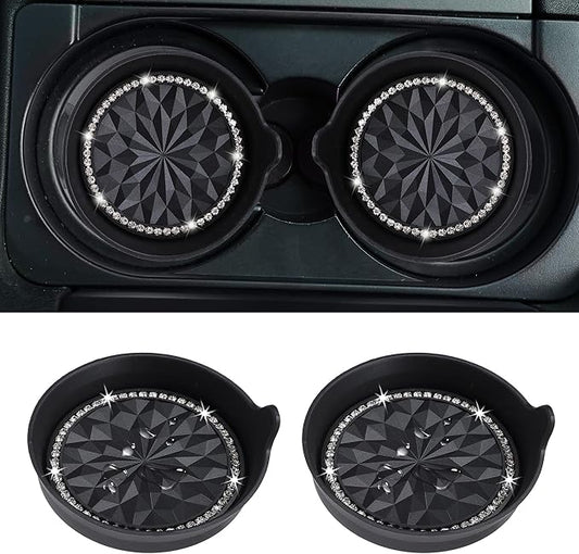 Amooca Car Cup Coaster Universal Non-Slip Cup Holders Bling Crystal Rhinestone Car Interior Accessories 2 Pack Black Flower