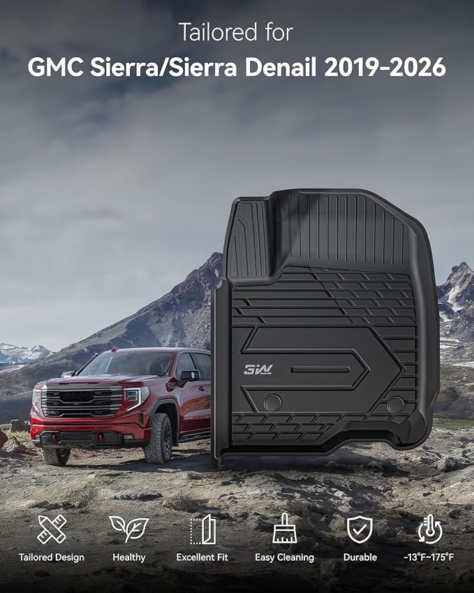 3W Floor Mats Fit for 2019-2025 2026 Chevy Silverado/GMC Sierra Denali 1500 & 2020-2025 2026 GMC Sierra 2500/3500 HD Crew Cab TPE All Weather Floor Liner, Fit For 2nd Row with Factory Carpeted Storage