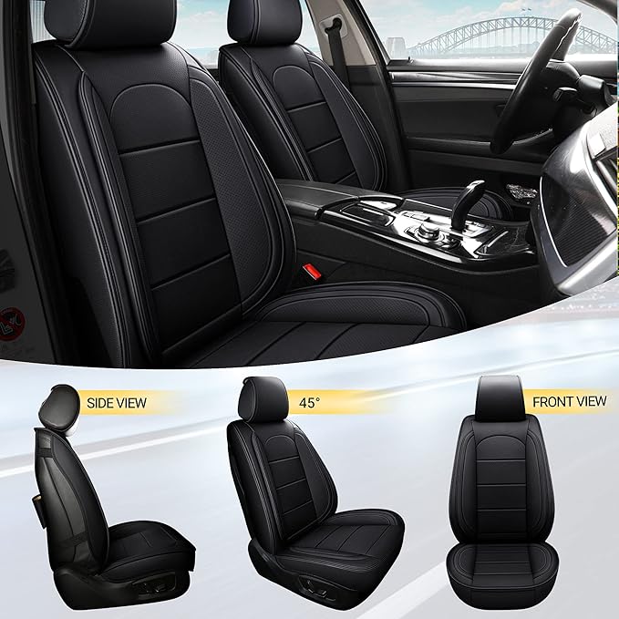 AOOG Leather Car Seat Covers with Car Backseat Organizer, Universal fit Automotive Vehicle Most Sedan SUV Pick-up Truck (Front Pair, Black)