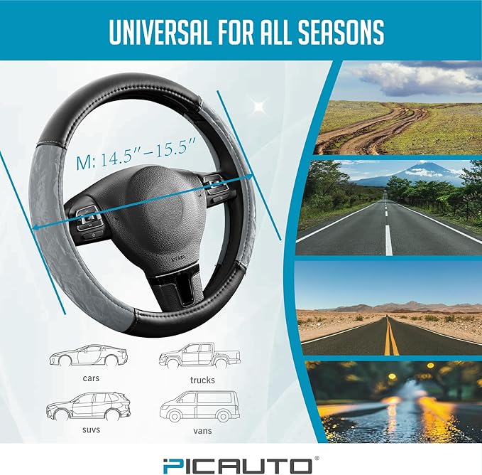 PIC AUTO Steering Wheel Cover, Silk Grain Leather Car Steering Wheel Protector, Comfortable Grip, Universal 14.5-15.5 Inch Anti-Slip Steering Wheels Accessories for Men & Women (Gray)