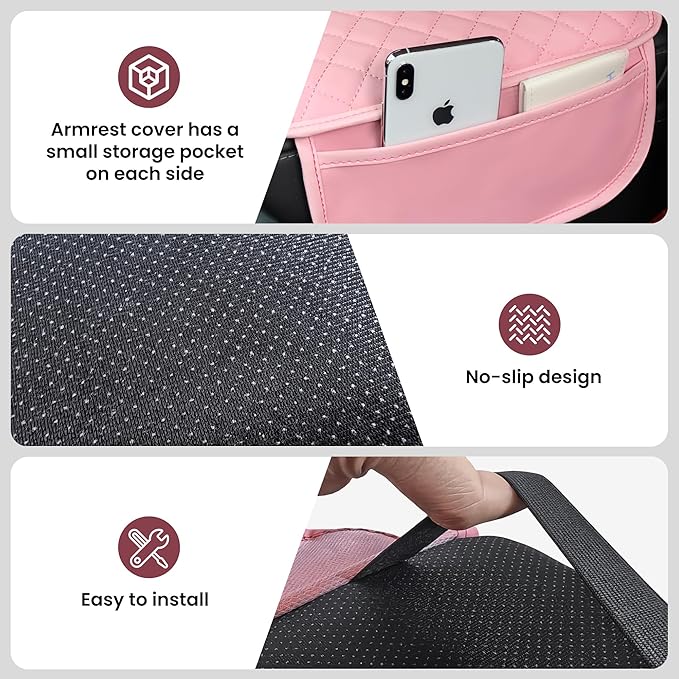 Upgraded Car Center Console Cover Pink,Microfiber Leather Car Armrest Cover Cushion with 2 Storage Bags,Universal Car Armrest Storage Box Car Interior Accessories for Most Vehicles (Pink)