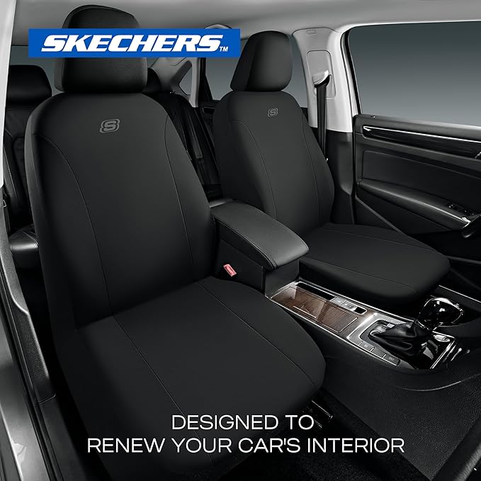 Skechers Seat Covers, Premium Breathable Polyester Seat Covers, Car Seat Covers Front Seats Airbag Compatible, Automotive Comfort for Most Cars, Vans, Trucks, SUVs (Two Front, Black)