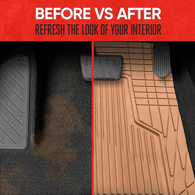 Motor Trend AdventureMax Car Floor Mats Full Set - Durable Rubber Floor Mats for Cars with Debris Capture Grooves, All Weather Interior Protection for Front and Rear with Non-Slip Backing, Beige