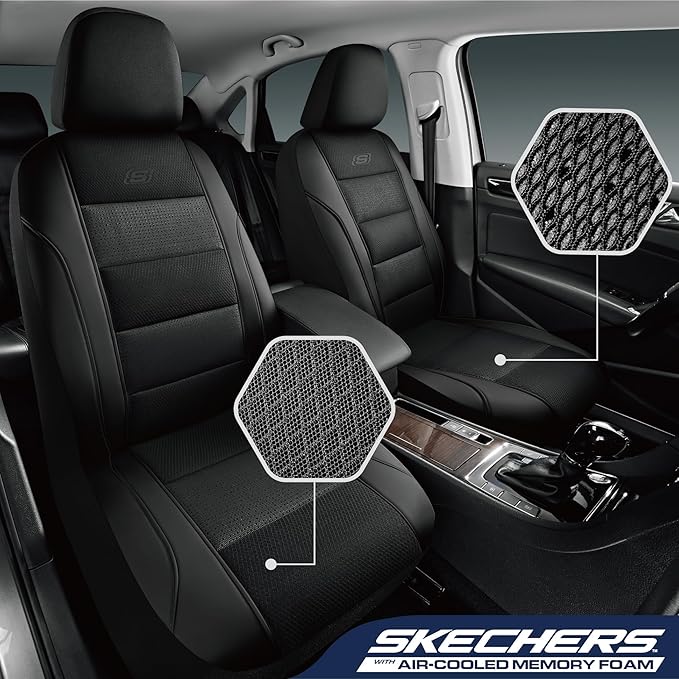 Skechers Aircooled & Memory Foam Car Seat Covers,Premium Leather with EVA Mesh Seat Covers, Front car seat Protector, Airbag Compatible, Automotive Comfort for Most Cars, Vans, Trucks, SUV,Black