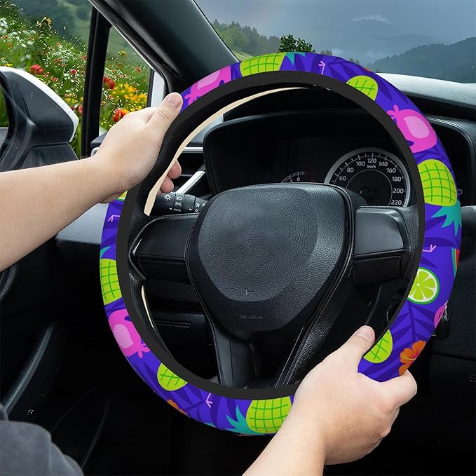 Tropical Flamingo Steering Wheel Covers Hibiscus Fruit Universal 15 Inch Car Wheel Cover,Anti-Slip Breathable Car Accessories Protector Fit for Trucks,Sedans,SUVs,Vans