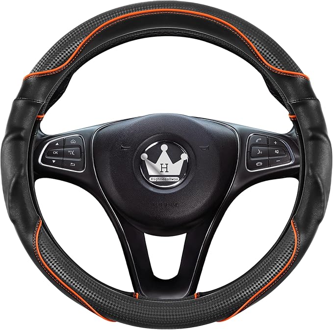 3D Car Steering Wheel Cover Comfort Grip Massage Sporty Anti-Slip Carbon Fiber Faux Leather for Sedan SUV, Universal Fit, Car Handle Covers for All Seasons, 14.75-15.15in, Orange
