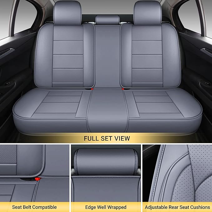 AOOG Leather Car Seat Covers with Car Backseat Organizer, Universal fit Automotive Vehicle Most Sedan SUV Pick-up Truck (Full Set, Grey)