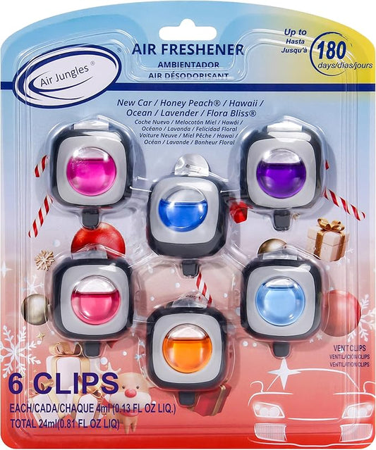 Air Jungles Car Air Fresheners Clip 6 Ct, Variety Pack Vent Clips, 4ml Each, Long Lasting Up to 180 Days Refresher Odor Eliminator, Multi Scent Ideal Gift for New Car Owner