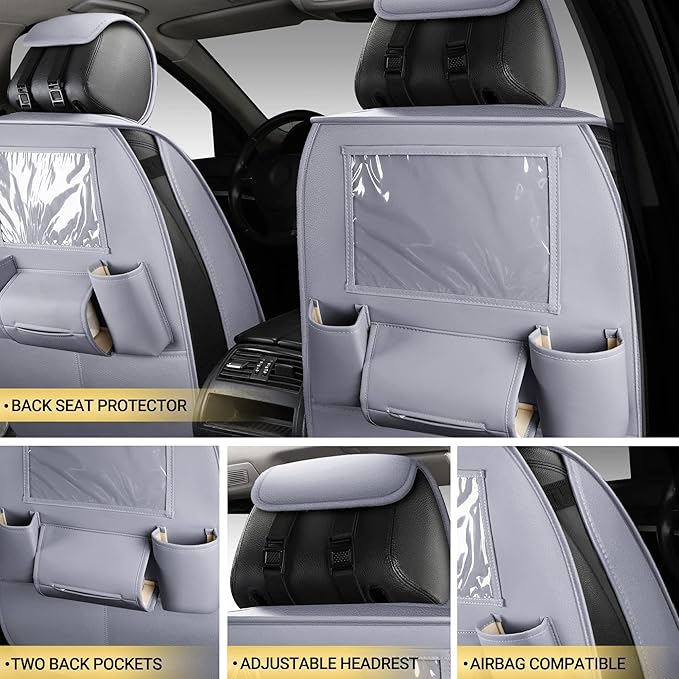 AOOG Leather Car Seat Covers with Car Backseat Organizer, Universal fit Automotive Vehicle Most Sedan SUV Pick-up Truck (Full Set, Grey)