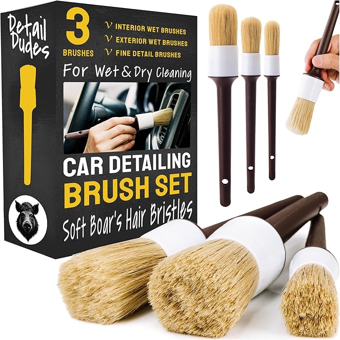 Soft Boar Hair Car Detailing Brush Set - 3-Pack, Brown - Car Detailing Kit for Versatile Uses - Soft Bristles Cleaning Brush - Water-Resistant Handles