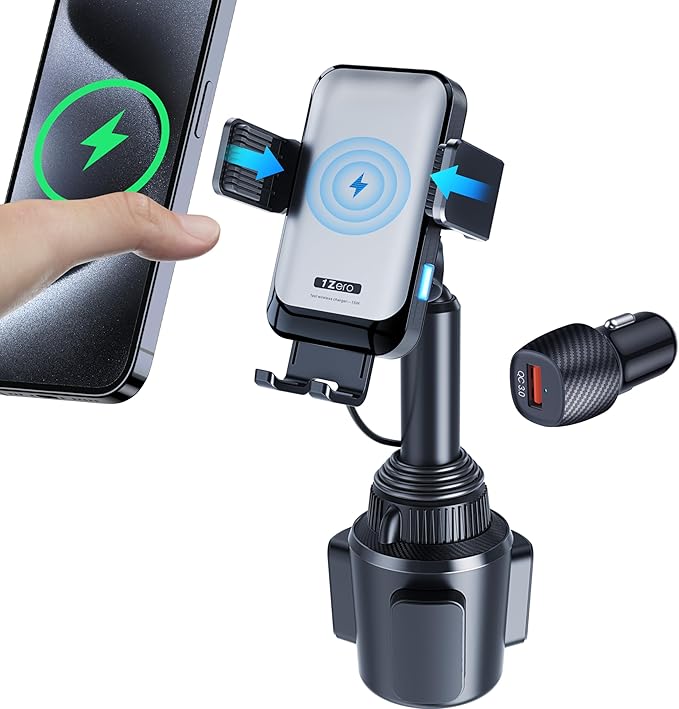 1Zero Auto Clamping Wireless Car Charger Sturdy Cup Phone Holder Mount 15W Fast Charging for iPhone 16 15 Pro Max Plus 14 13 12 11 XS X Samsung S24 Ultra S23 S22 S22 S21 S20 Pixel 8 Pro 7 6 5 4