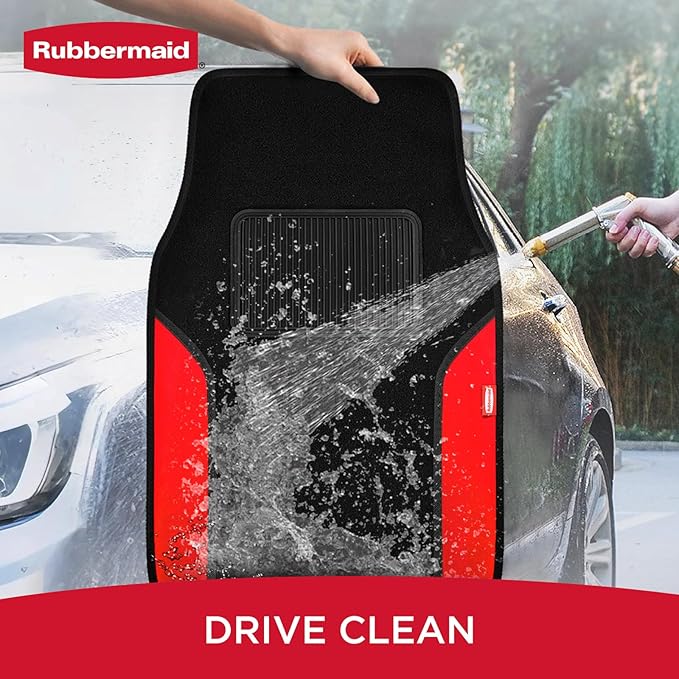 Rubbermaid Car Mats, Carpeted Floor Car Mat with Faux Leather & Built-in Heel Pad, Two-Tone Car Rug Floor Mats, Stylish Carpeted Floor Mats for Cars, Trucks & SUVs Red Color
