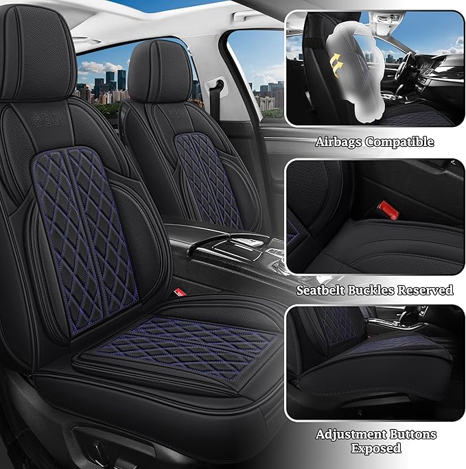 Leather Automotive Seat Covers Universal Fit for Cars, SUV, Sedans, Anti-Slip & Breathable (Black Blueline, Front Seat)