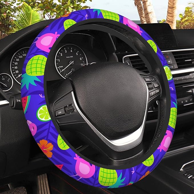 Tropical Flamingo Steering Wheel Covers Hibiscus Fruit Universal 15 Inch Car Wheel Cover,Anti-Slip Breathable Car Accessories Protector Fit for Trucks,Sedans,SUVs,Vans
