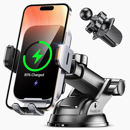 Wireless Car Charger Mount Auto Clamping, 15W Fast Charging Car Phone Holder Charger for Dash Windshield Vent for iPhone 17 16 15 14 13 12 Pro Max, Samsung Galaxy S25 S24+ S23 Ultra S22 S21+