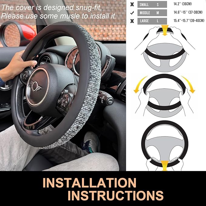 PINCTROT Chenille Leather Steering Wheel Cover, Soft Mottled Colors, Sweat-Proof, Non-Slip Grip, All-Season Comfort, Universal 14.5-15 Inch(Mottled Gray)