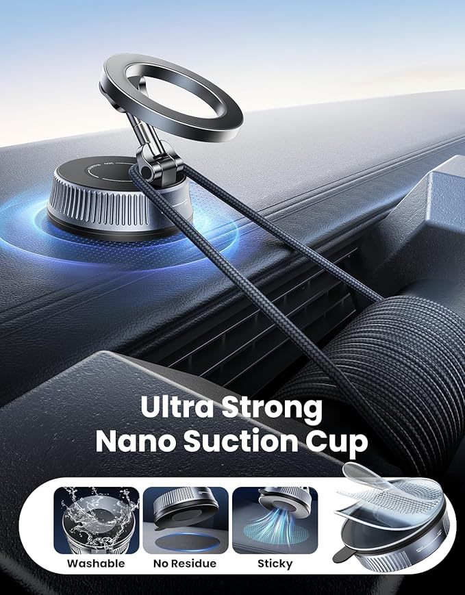 Vacuum Magnetic Phone Holders for Your Car, Upgraded Nano Gel Suction Car Phone Holder, 360° Adjustable Car Phone Mount for MagSafe, Foldable Phone Mount for Car for iPhone & Android
