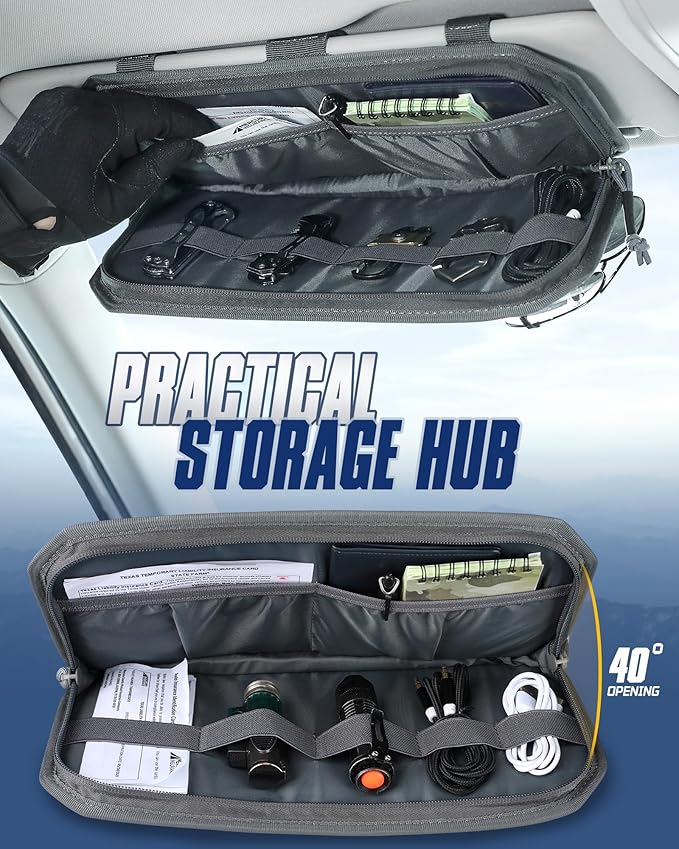 WYNEX Molle Car Sun Visor Organizer, Original Design Car Accessories with Zipper Visor Storage Pouch & Glasses Clip, Semi-Rigid Molle Panel for Tactical Gears, Fits Most Vehicles, SUVs, Trucks