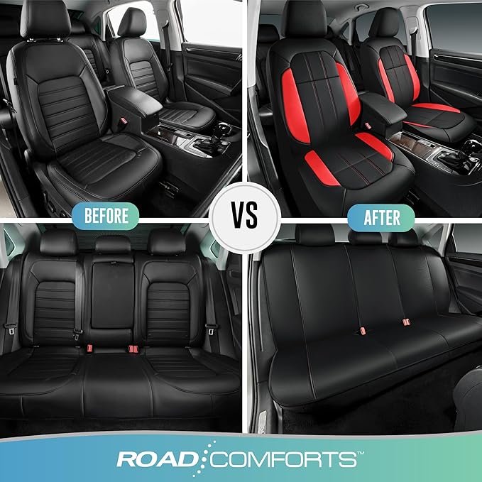 Road Comforts Car Seat Covers, Breathable Leather Seat Covers, Car Seat Covers Full Sets Airbag Compatible, Automotive Seat Covers for Most Cars, Vans, Trucks, SUV - Red