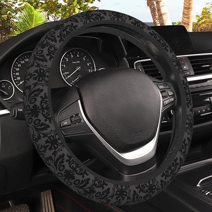 Vintage Black Floral Steering Wheel Covers Universal 15 Inch Car Wheel Cover,Anti-Slip Breathable Car Accessories Protector Fit for Trucks,Sedans,SUVs,Vans