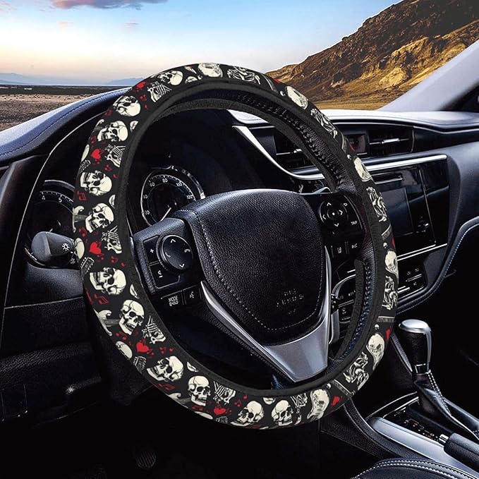 Rock Roll Skull Skeleton Love Music Steering Wheel Covers Anti-Slip Elasticity Car Accessories Steering Wheel Protector Universal 15 Inch for Cars SUV Vehicle Truck