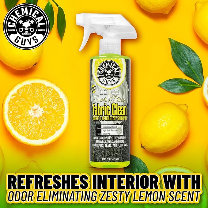 Chemical Guys Foaming Citrus Fabric Clean Carpet & Upholstery Cleaner - Car Carpet Cleaner Spray for Seats and Floor Mats, Removes Stains &Odors, Safe for Cars, Home and Office, 16 oz Citrus Scent