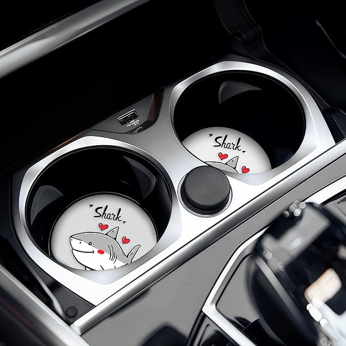 2 Pack Shark Car Cup Holder Coaster, Cute Car Interior Accessories Drink Coaster for Women & Men, Shark Lovers Themed Gifts Stuff Accessories Things Merchandise Items!