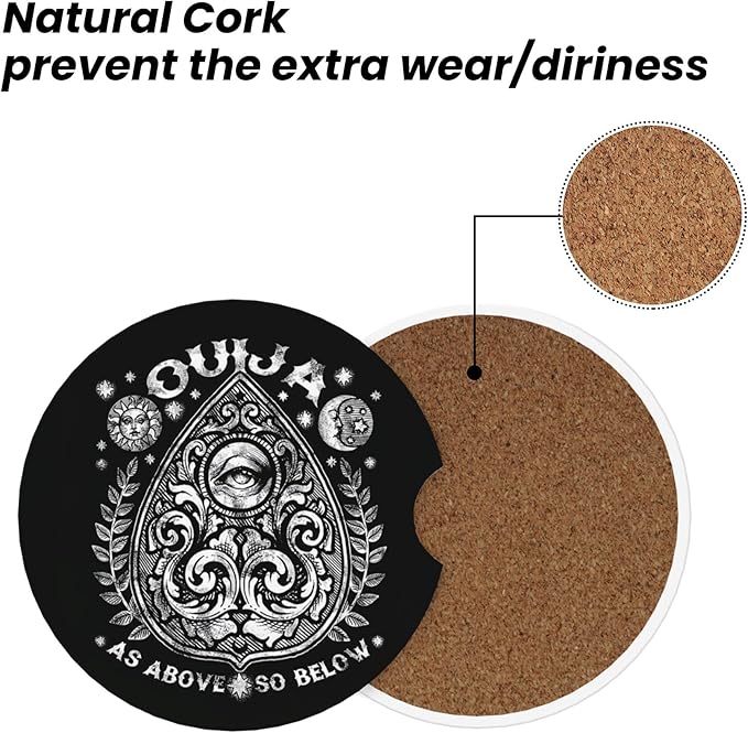 Absorbent Car Coasters for Cup Holders, 2 Pack Universal Anti Slip Ceramic Cup Coaster for Women Men 2.56 Inch Car Interior Accessories - Vintage Ouija 022