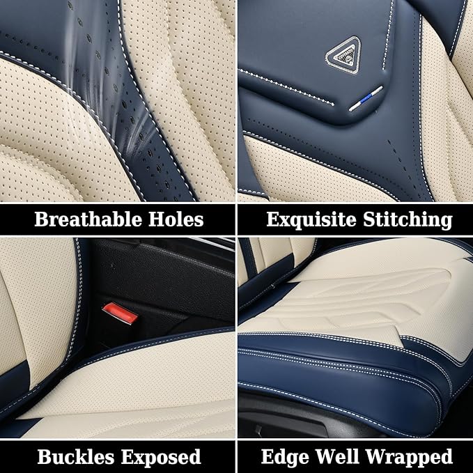 Coverado Car Seat Covers Full Set, Leather Seat Covers for Cars, Waterproof Automotive Seat Covers Car Seat Protectors Car Accessories Universal Fit for Most Sedans SUV Pick-up Truck(Blue&Beige)