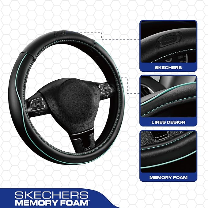 Skechers Memory Foam Steering Wheel Cover,Piping Microfiber Leather Steering Wheel Cover Sporty Universal Fit 14" 1/2-15" Car Wheel Protector for Men Women Fit Suvs,Vans,Sedans,Car,Trucks,Mint