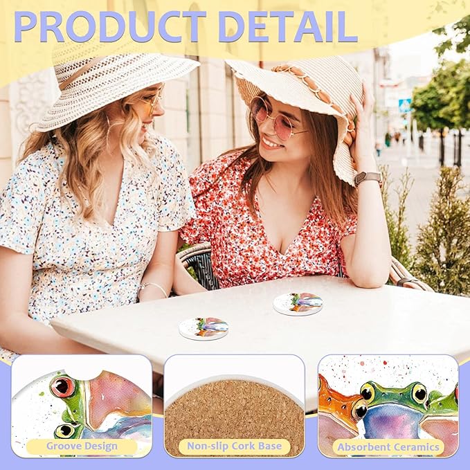 2 Pack Car Cup Holder Coaster-Watercolor Frog Absorbent Ceramic Coaster, Car Coasters for Cup Holders,Auto Accessories for Women & Men