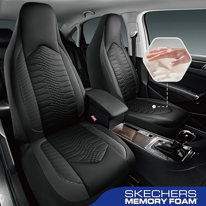 Skechers Memory Foam Car Seat Covers, Leather High Back Seat Covers Quilting Design,Waterproof Sports Car Seat Covers Front Seats,Airbag Compatible, Universal Fit for Most Cars, SUVs,Trucks,Black