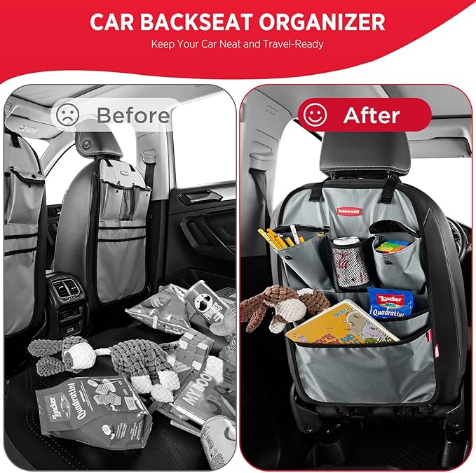 Rubbermaid Backseat Car Organizer, Kick Mats and Seat Back Protector, Car Organizer for Kids with 6 Storage Pockets, Travel Essentials for SUV, Truck, Car - 2 packs Gray