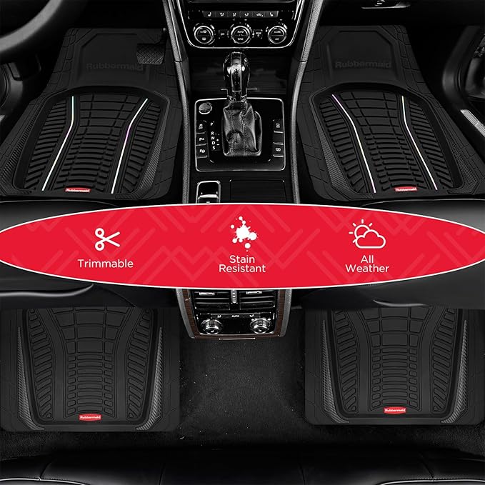 Rubbermaid Car Floor Mats Full Set – Premium All-Weather Car Mat with Brushed Aluminum Inserts, Universal Trim-to-Fit Design, Anti-Slip Backing for Cars, SUVs, Trucks, and Vans