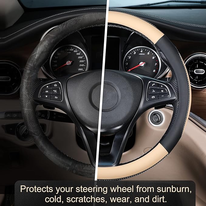 SEG Direct Car Steering Wheel Cover for Medium Standard Size Steering Wheels with 14 1/2-15 inches Outer Diameter, Black and Beige Microfiber Leather