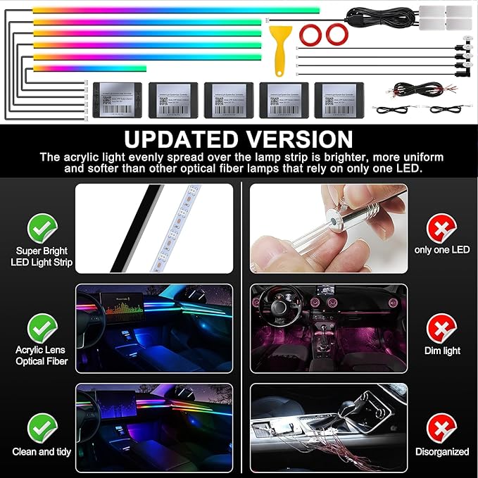 Dreamcolor Acrylic Interior Car LED Strip Light with Wireless APP, RGB 14 in 1 with 175 inches 593 Neon Car Ambient Lighting Kits, Dynamic Chasing Music Sync LEDs Fiber Optic Strip Lights for Car