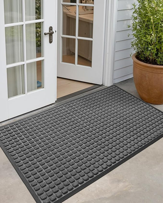 DEXI Front Door Mat Outside Entrance, 4x6 ft Large Rubber Entry Doormat Heavy Duty, Welcome Mats Non Slip for Inside House Floor Entryway Double Doors Exterior Patio, Squares Grey
