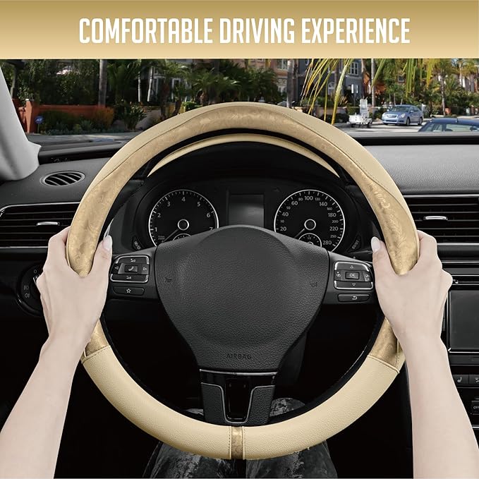 PIC AUTO Steering Wheel Cover, Gold Patterned Leather Patchwork Design, Universal Fit 14.5"–15.5", Anti-Slip, Odor-Free, Soft PU Grain Leather, Durable Grip Car Accessory for Girls & Women