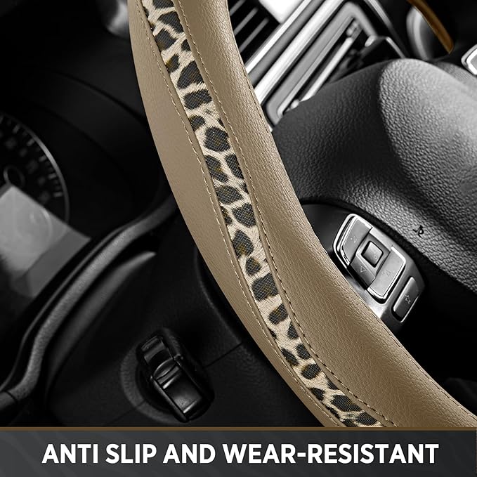 Road Comforts D-Type Steering Wheel Cover - Made with PVC Leather and Leopard Fabric - Universal Fit for 15-Inch D-Shaped Automotive Steering Wheels (Beige Color)