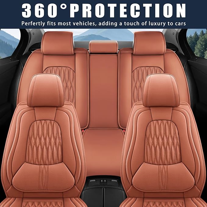 WELLDO Car Seat Covers Full Set, Premium Nappa Leather Seat Covers for Car, Waterproof Car Seat Protector with Lumbar Support, Automotive Seat Covers Universal Fit for Most Cars SUV Truck, Brown