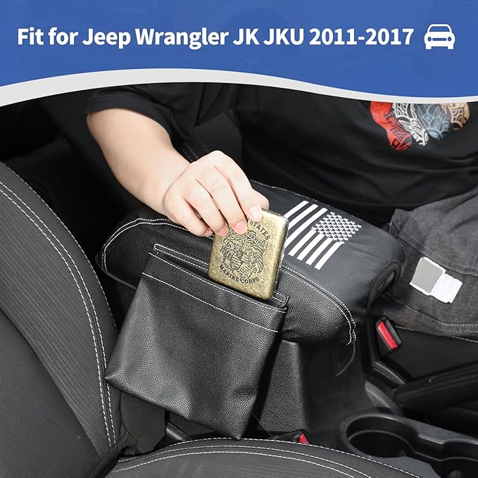 RT-TCZ for Wrangler JK Center Console Armrest Pad Cover with Storage Bag for Jeep Wrangler JK JKU 2011-2017 American Flag Black Leather
