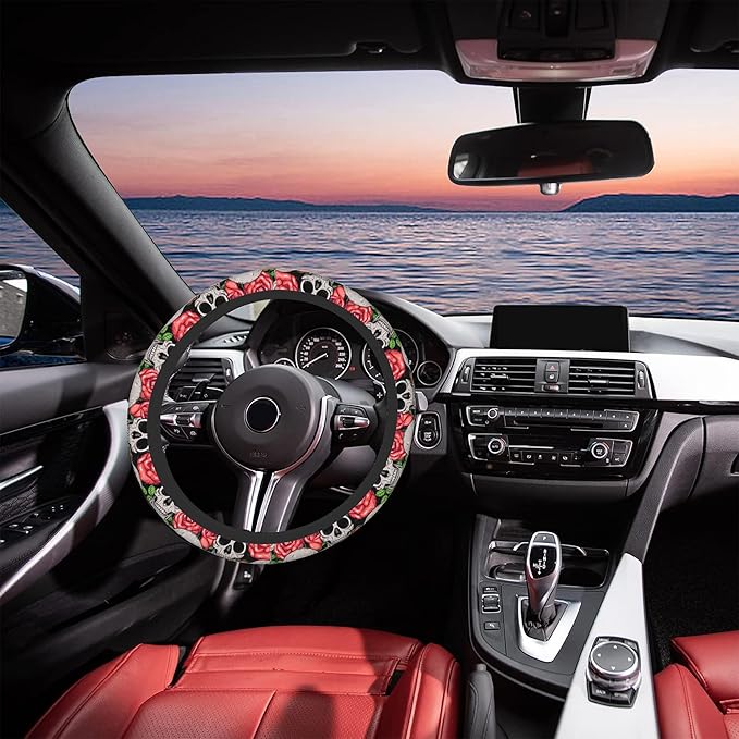 Watercolor Skull and Roses Car Steering Wheel Cover, Non-Slip Absorbing Sweat Car Wheel Cover Accessories for Men Women,Universal 15" Fit Auto SUV Vans Trucks