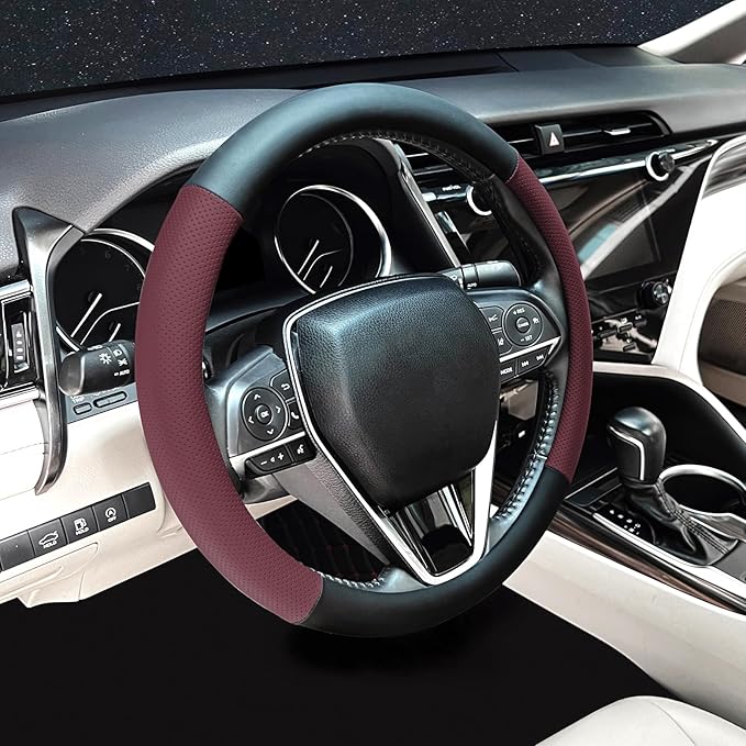 Steering Wheel Cover Standard Size 14.5-15 inch, Non-Slip Car Wheel Cover Protector, Breathable Microfiber Leather, Black and Burgundy