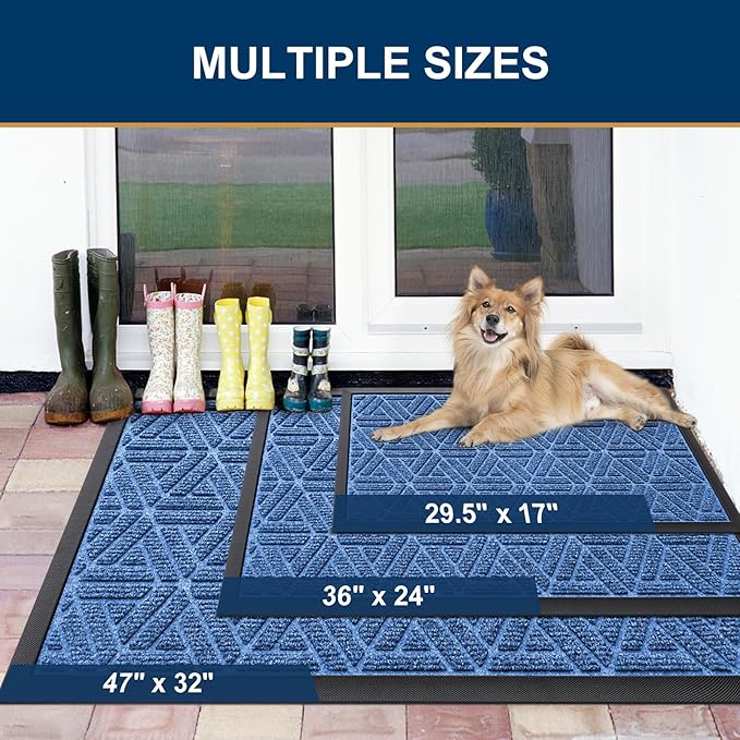 Smiry Front Door Mat Outside Entrance, Heavy Duty Sturdy Natural Rubber Doormat, Trap Dirt and Moisture, Easy Clean Low Profile Mats for Indoor Outdoor Entry, Grid Geometric (47x32, Blue)