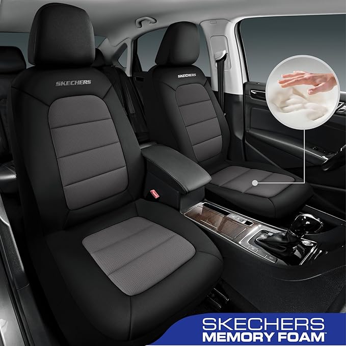 Skechers Memory Foam Seat Covers,Thick Cool Touch Fabric Seat Covers,Front Seat Covers Airbag Compatible,Automotive Comfort Protection for Most Cars,Vans,Trucks,SUV,Floor Grey