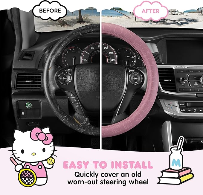 Sanrio Hello Kitty Pink Car Steering Wheel Cover, Universal Fit Cute Car Accessories for Women Stylish Decor Gifts Hello Kitty Accessories - Fits Standard Wheels 14.5"-15"
