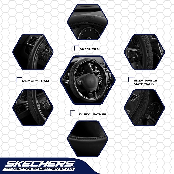 Skechers Air-Cooled Steering Wheel Cover,Leather Car Steering Wheel Cover Universal Fit 14" 1/2-15" Car Wheel Protector for Men Women Fit Suvs,Vans,Sedans,Car,Trucks,Black