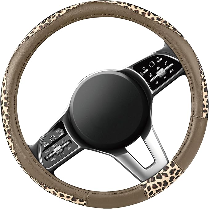 Road Comforts Steering Wheel Cover - Made with PVC Leather and Leopard Fabric - Universal 14 1/2 inches to 15 inches for Most Automotive Steering Wheel - Cheetah Print -Beige