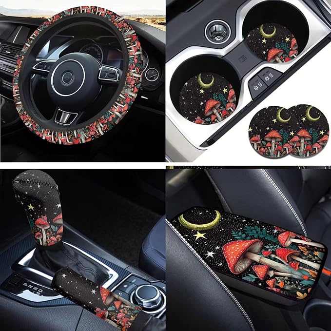 Moon & Mushroon Car Decor Set Steering Wheel Cover Cute Armrest Cushion Fashion Car Interior Accessories for Men Women 6 PCS