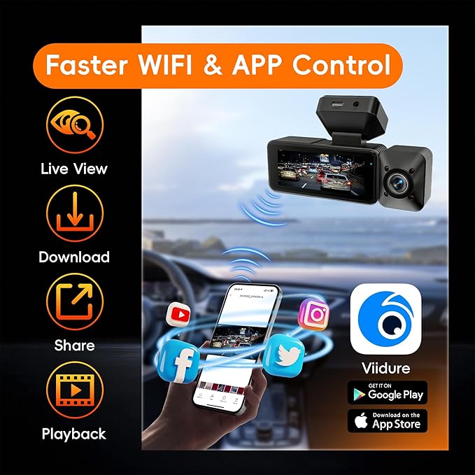 4K 3 Channel Dash Cam Front and Rear with Cabin, 4K+1080P+1080P Dash Camera for Cars, Free 128GB Card Included, Dash Cam with Night Vision, WiFi, GPS, APP Control, Parking Monitor, Loop Recording